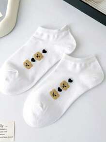3/5/10pairs Women's Simple White Cartoon Cow & Bear Pattern Ankle Socks, No Show Socks - Multicolor - View 4