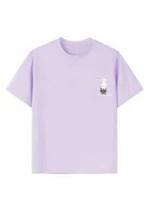 Tween Girls' Casual Cat Print Crew Neck Short Sleeve T-Shirt, Summer Top - Purple - View 4