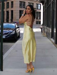 Vestido amarelo de verão para mulher, vestido longo elegante de noite em cetim, com alças finas, costas nuas, para convidada de casamento, madrinha, baile de finalistas e festa - Amarelo - Ver 9