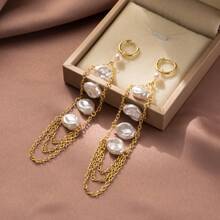 1 Pair Women Elegant & Noble Asymmetrical Faux Pearl Gold Tassel Earrings