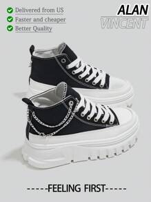 【快速发货】女士黑色帆布鞋，银色链条装饰，新款优雅风格，厚底增高，女士高帮系带鞋，适合搭配各种裤装和服装。【建议选择大一码】 - 黑色 - 查看 1