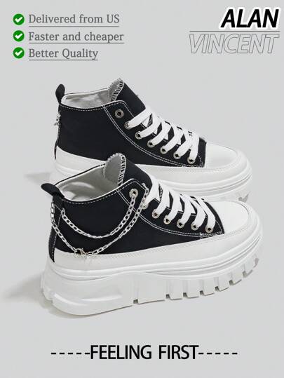 [Quick Delivery] Women's Shoes Black Canvas Shoes With Silver Chain New Style Classy Aesthetic Women's Thick-Soled Height-Increasing Shoes Ladies High Top Lace Up Shoes Can Be Paired With Various Pants And Clothes[Recommend Choose One Size Larger]