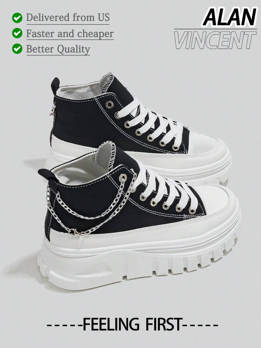 【快速发货】女士黑色帆布鞋，银色链条装饰，新款优雅风格，厚底增高，女士高帮系带鞋，适合搭配各种裤装和服装。【建议选择大一码】 - 黑色 - 查看 1