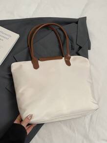 1 件简单百搭休闲百搭纯色大拉链大容量单肩手提包女士可斜挎适合购物、度假、工作和通勤女士时尚单肩手提包 - 米色 - 查看 9