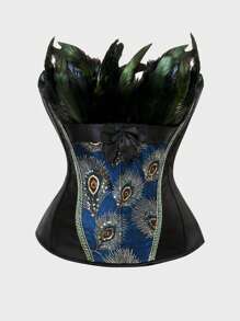 Corsets For Women Overbust Bustiers Top Embroidery Peacock Nobility Feather Burlesque Halloween Costume - 黑色 - 查看 2
