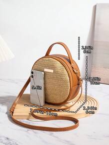 Women's Straw Woven Round Handbag, Summer Beach Style Shoulder Bag, Casual Tote Crossbody Bag, Fashion Summer Vacation Bag, Beach Essentials Women Bags For Vacation & Holiday