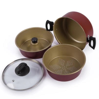 ALUMINIO NACIONAL Panela Multiuso 3 em 1 Antiaderente com tampa de vidro 20 cm Cor Bege e Cereja