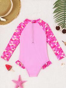 1pc Girls' Round Neck Long Sleeve Zipper Mermaid Scale Print Swimsuit - Hot Pink - View 2