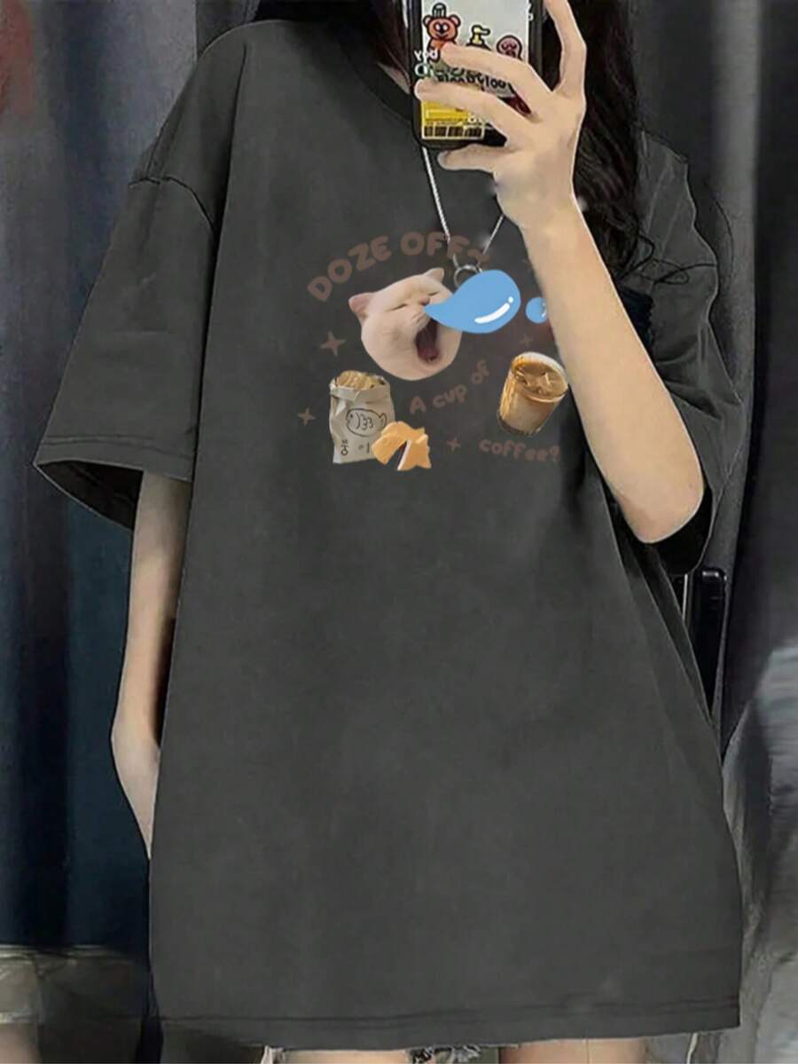 新款女式夏季圆领休闲百搭设计猫咪印花宽松短袖 T 恤，适合分层搭配或外套