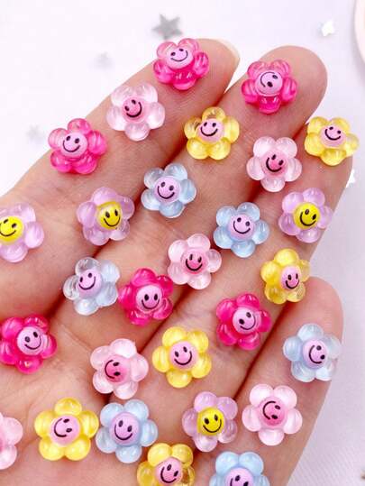 30pcs Mixed Resin Mini Colorful Smiling Sunflower Flat Back Flower Rhinestone Art Applique DIY Scrapbook Decor Jewelry Crafts Accessories Summer, School