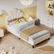 Upholstered Bed, Double Bed 140x200 Cm, Bed Frame With Floral Headboard And Slatted Frame, Girl's Bed, Guest Bed, Without Mattress, Velvet, Beige/Burgundy - 90*200CM - 查看 4