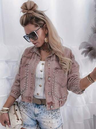 Standard Size Women's Embroidered, Beaded Oversized Loose Fit Long Sleeve Non-Stretch Colored Denim Jacket