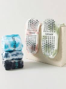 3 Pairs Women All Season Yoga Socks, Tie-Dye & Letter Print Silicone Non-Slip Sports Socks - Multicolor - View 6