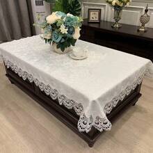 1 Pc White Embroidered Lace Trim Jacquard Tablecloth, Elegant Romantic Polyester Rectangle/Square Dust & Heat Resistant Table Cover, Suitable For Dining Table, Coffee Table, Nightstand, Wedding & Party Decoration - White - View 7