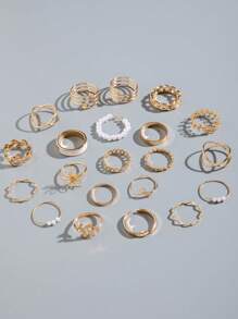 imoli 21pcs Simple & Casual Alloy Flower & Pearl Ring Set, Suitable For Everyday Wear