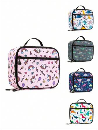 1pc 9.8inch/22cm Cute Unicorn & Dinosaur Print Lunch Bag, Zippered Closure Polyester Tote Bag For Kids, Boys & Girls, Ideal For School, Outdoor Activities And Daily Use