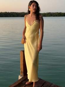 Vestido amarelo de verão para mulher, vestido longo elegante de noite em cetim, com alças finas, costas nuas, para convidada de casamento, madrinha, baile de finalistas e festa - Amarelo - Ver 7