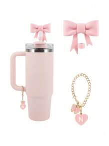 2pcs/Set: 1pc Silicone Bow Straw Topper & 1pc Letter Heart Bow Cup Tag, Fit For 40oz Cup, 10mm Straw Diameter, With Handle Glass Cup, Cute Pink Butterfly Decoration, Back To School Supplies