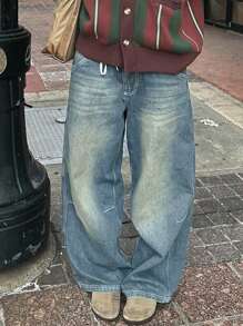 Women's Stretch Blue Low-Rise Flared Jeans, Y2K Fashion Vintage Casual, 2026 Spring And Summer, New Year And Valentine. - Blue - View 4