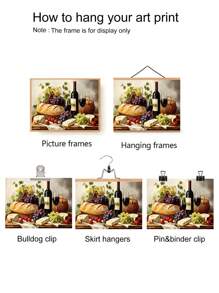 1 Stück Vintage Wein & Trauben Leinwandkunst - Küchen Wanddekoration, Rotwein Flasche & Glas mit Brot und Käse Stillleben, Mardi Gras Bachelor Party dekorativer Muster - Ungefasst