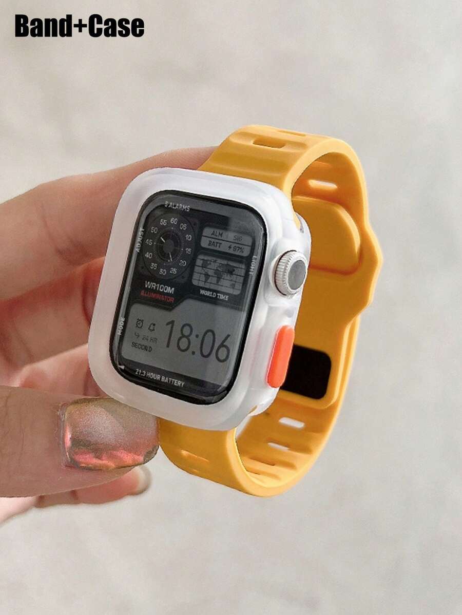 2条装男女通用黄色硅胶可调节运动腕带及柔软镂空防摔保护表壳，适用于 40/41/42/44/45/46/49mm，适用于Series Ultra/SE/11/10/9/8/7/6/5/4，智能手表配件