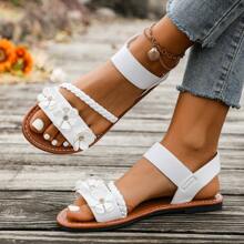 Women's Sandals, Flat, Open Toe Design For Formal And Casual Occasions, Comfortable With Elastic Ankle Strap, Decorated With Rhinestone Flower, Adding Fashionable Touch To Your Summer Wardrobe