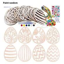 24-delige Paashouten DIY Hangende Eieren Decoratie Kit - Verf Je Eigen Eieren Decoraties, Willekeurige Kleuren Inbegrepen, Onafgewerkte Houten Eieren Met Bloemen- & Zigzagpatronen, Glitters, Linten En Touwtjes, Handgemaakte Ambachten - Natuurlijk Hout, Schilder Cadeau