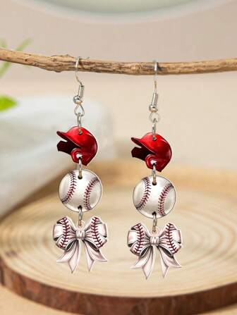 1对时尚运动风亚克力蝴蝶结球形吊坠耳环，适合女性佩戴，心形、棒球、篮球、足球和橄榄球等趣味耳环，适合比赛日和日常佩戴。