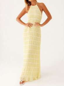 Women's Halter Neck Sleeveless Backless Bodycon Long Dress Ruched Party Evening Cocktail Dresses - Màu vàng - Xem 1