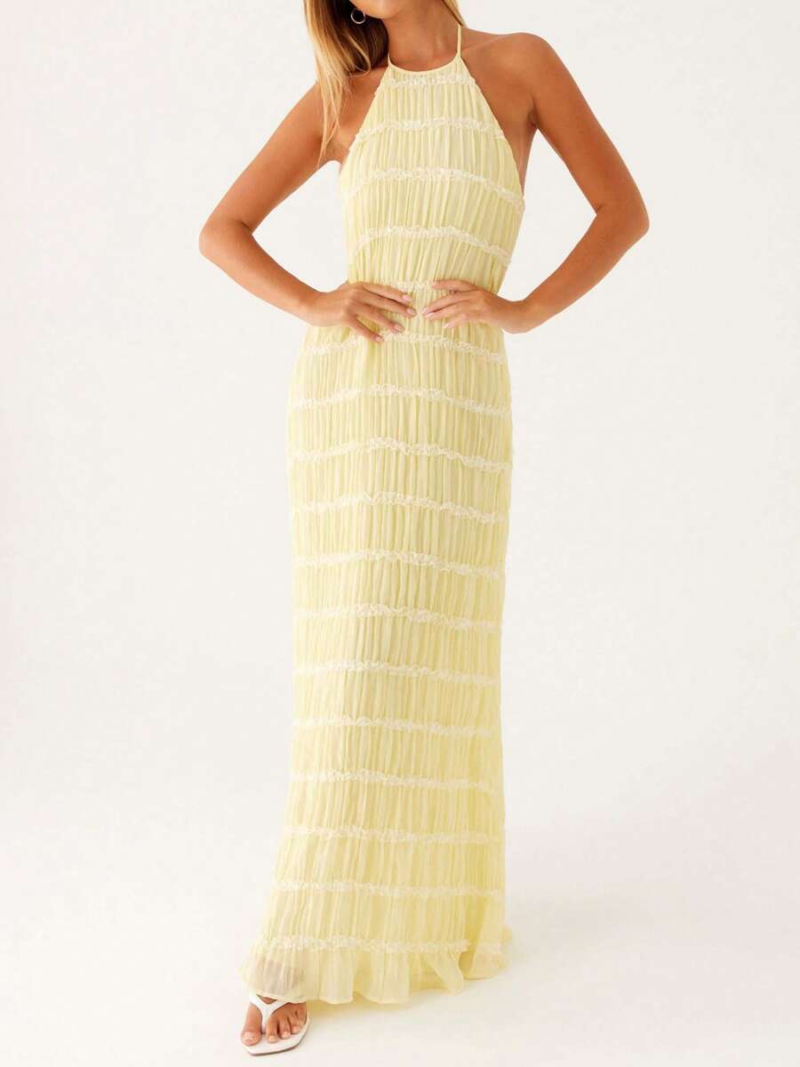 Women's Halter Neck Sleeveless Backless Bodycon Long Dress Ruched Party Evening Cocktail Dresses - Màu vàng - Xem 1