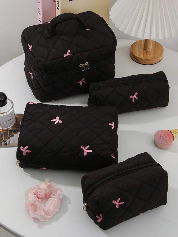 1 Confezione Rosa con fiocco ricamato, busta trapuntata per il trucco, grande capacità, colore macaron, leggera e morbida, borsa per il necessaire da viaggio, uso quotidiano. Per la borsa da trucco per il ritorno a scuola, forniture scolastiche, organizzatore per il trucco, articoli per la stanza, articoli da viaggio, articoli essenziali per il trucco, articoli essenziali per le vacanze, articoli essenziali per il dormitorio, articoli essenziali per gli spostamenti quotidiani