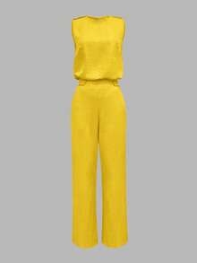 2pcs Women's Fashionable Casual Sleeveless Top And Long Pants Set With Slant Pockets And Button Details, Elegant