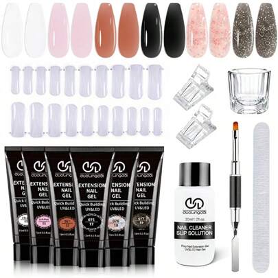 13pcs/Set 0.5oz X 6 Bottles Acrylic Gel Nail Extension Kit, Includes 1.0oz Cleanser, 20pcs Nail Forms, Nail Clippers And Multi-Functional Nail Brush, Perfect DIY Manicure Set For Home - Great Gift For Girls