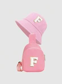 2pcs Set Letter Print Kids Bucket Hat & Minimalist Brim, Fashion Shoulder Diagonal Cross Bag, Suitable For Boys And Girls Everyday Wear - Pink - View 15