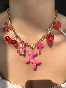 1 pieza Collar colgante con diseños de fresa roja y rosa, cereza, lazo, oso, paleta y perro - Regalo de joyería divertida para mujeres apta para verano, citas y fiestas