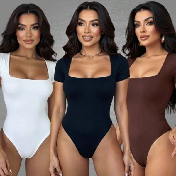 Kit 3 Body Feminino Suplex Manga Curta Decote Quadrado Manguinha Decotado Forro Duplo Tecido Premium