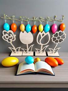 复活节家居餐桌装饰 - 1 套 4 件木质空心花饰，创意木制工艺品，天然木色