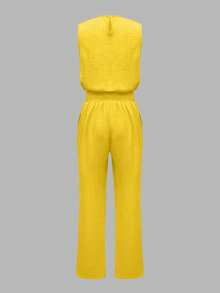 2pcs Women's Fashionable Casual Sleeveless Top And Long Pants Set With Slant Pockets And Button Details, Elegant