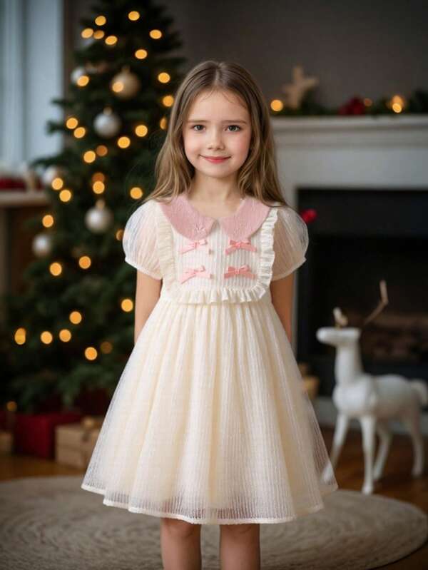 1 pieza Vestido con lazo decorativo en el cuello de estilo dulce rosa para niña, de verano