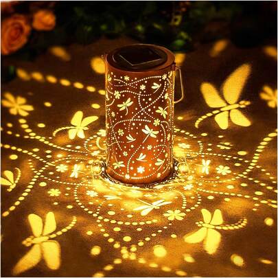 1Pc Outdoor Solar Garden Decorative Lantern Bronze Metal Cutout Dragonfly Pattern Table Light Romantic Dragonfly Projection Light Suitable For Patio Lawn Outdoor Table Balcony Decorative Light Atmosphere Light