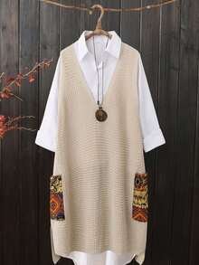 Plus Size Casual V-Neck Random Print Pocket Knitted Sweater Dress - Apricot - View 2