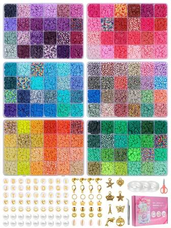 2400 件/4800 件/9600 件/12000 件软陶瓷粘土珠手链制作套件带配件，48 色黑石珠鲜艳友谊手链珠，聚合物粘土珠配珠宝制作吊坠饰品套装，适合 DIY 工艺礼品珠宝制作
