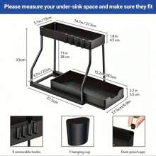 2 niveles Estantería de almacenaje de cocina negra - Organizador deslizante para debajo del fregadero, gran capacidad resistente para especias y artículos esenciales, cajón multiuso para el baño y la cocina