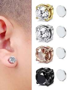 2/8Pcs Men's Fake Perforation Zirconia Earrings Fashion Stainless Steel Magnetic Ear Clip Jewelry Gifts For Adolescent - Multicolor - View 6