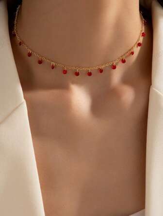 新款不对称吊坠项链配红石，法式复古优雅锁骨链，批发女士珠宝