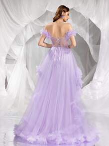 Sheer Princess Bardot Ruffle Formal Dress, Suitable For Ball, Party, Prom Dress - Mauve Purple - View 2