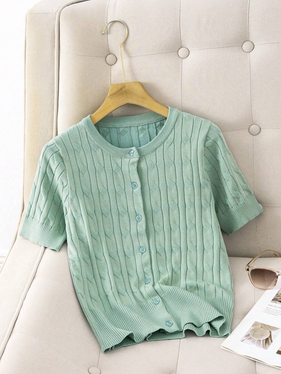 Áo thun dệt kim rút dây thời trang mùa hè cho nữ Áo cardigan ngắn thường ngày - màu xanh lá - Xem 1