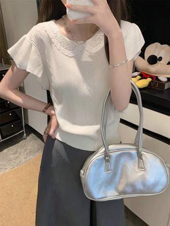 甜美女孩蕾丝拼布短袖针织 T 恤，适合娇小女性，黄色，夏季