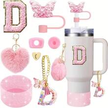 8 piezas de accesorios para taza de 40 oz y 30 oz, incluyendo tapa con pajita, tapa de silicona a prueba de derrames, funda de silicona, cadena con dije de letra, pegatina, gancho en forma de corazón, pompones con forma de corazón y bola de pelo, ideal para camping, regalo del Día de San Valentín, Día de la Madre, útiles escolares