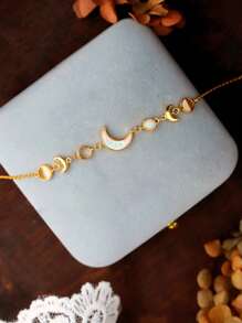 1pc S925 Sterling Silver Elegant Artificial Australia Opal Moon Charm Bracelet, Vintage Style Versatile Jewelry Gift For Women, Suitable For Daily Wear And Parties - Manufactured Opal Crescent Bracelet - View 4